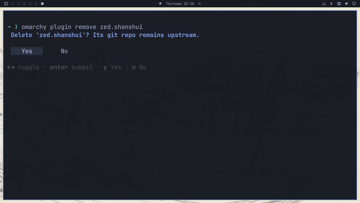 A terminal running omarchy plugin remove zed.shanshui, asking Delete zed.shanshui? Its git repo remains upstream, with Yes selected