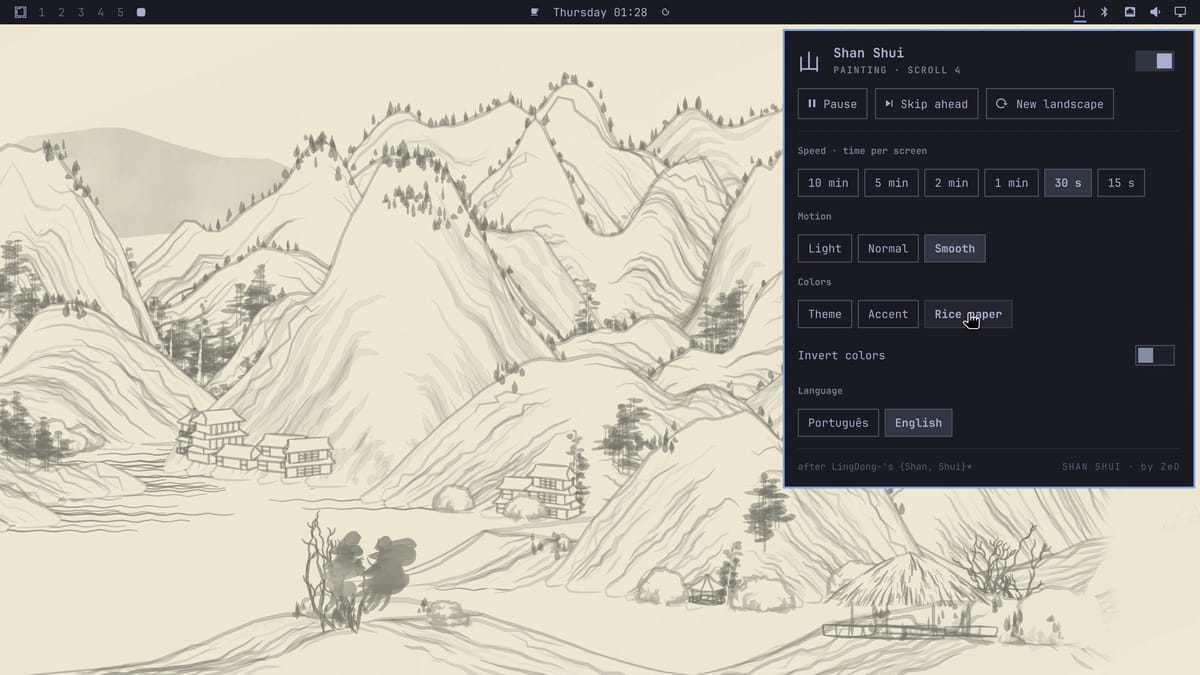 A pencil-style ink landscape of mountains, trees, and houses in cream Rice paper colors, with the Shan Shui menu open showing Speed, Motion, Colors, Invert colors, and Language settings