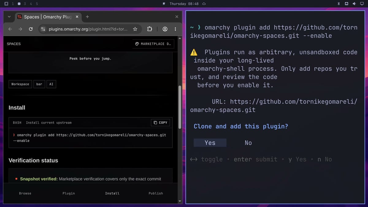 The Spaces page on plugins.omarchy.org with its install command on the left, and a terminal on the right showing the unsandboxed code warning and the Clone and add this plugin prompt with Yes selected