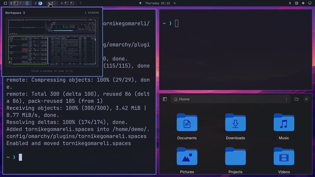 The Omarchy top bar with Spaces buttons showing app icons for workspaces 1 to 4, and a live preview card of workspace 3 with btop running in it
