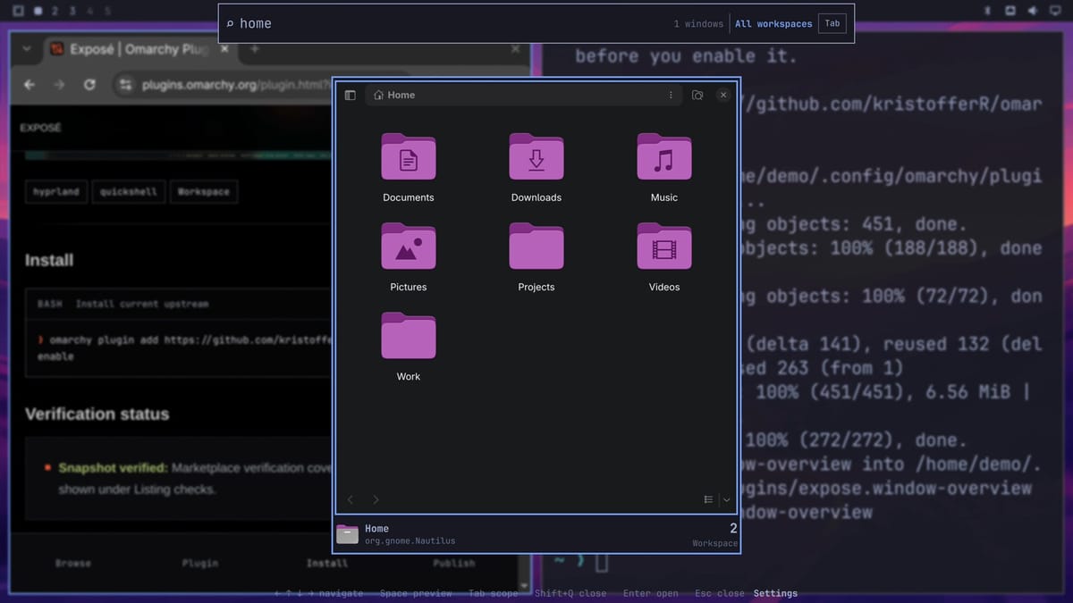 Exposé filtered by the word home, showing one large card of the Files window on workspace 2