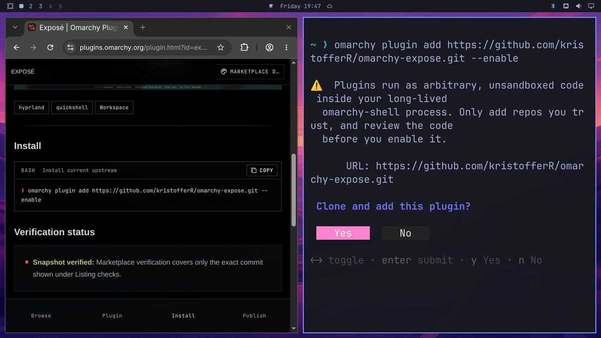 The Exposé page on plugins.omarchy.org with its install command and a Snapshot verified note, and a terminal beside it showing the unsandboxed code warning and the Clone and add this plugin prompt with Yes selected