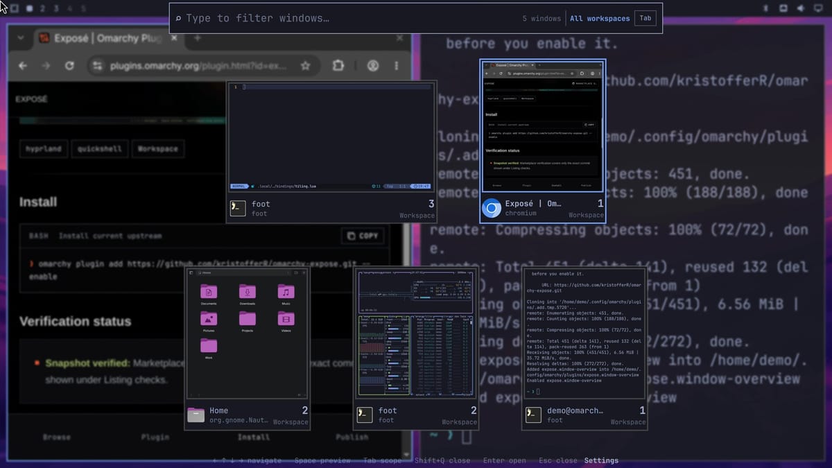 Exposé's grid of five live window previews from workspaces 1, 2, and 3, with a Type to filter windows box at the top and the keys listed along the bottom
