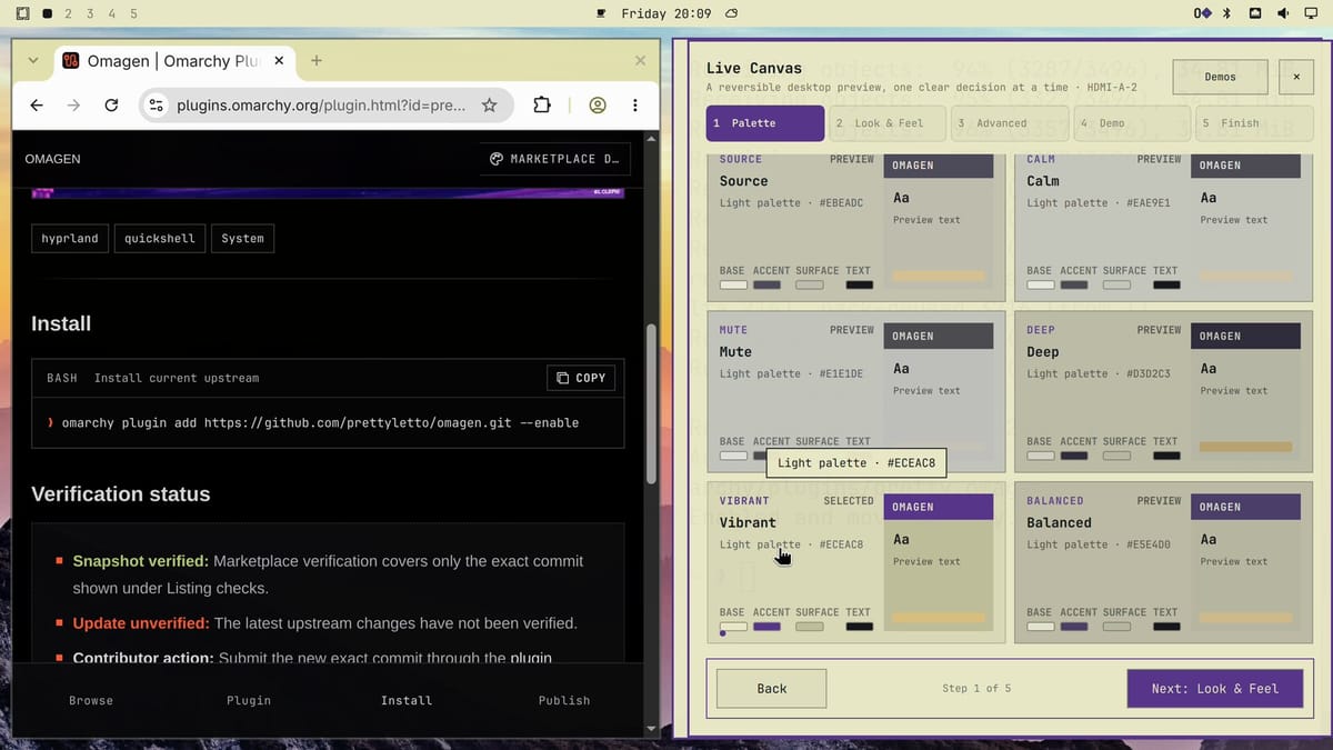 Omagen's Live Canvas on the Palette step with six palette cards named Source, Calm, Mute, Deep, Vibrant, and Balanced, Vibrant selected, and the desktop around it in light colors with the sunset photo as the wallpaper
