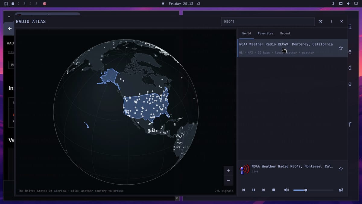 The Radio Atlas window with the globe turned to North America and the United States highlighted, a search for KEC49 listing NOAA Weather Radio KEC49, Monterey, California, and the player at the bottom showing that station as Live