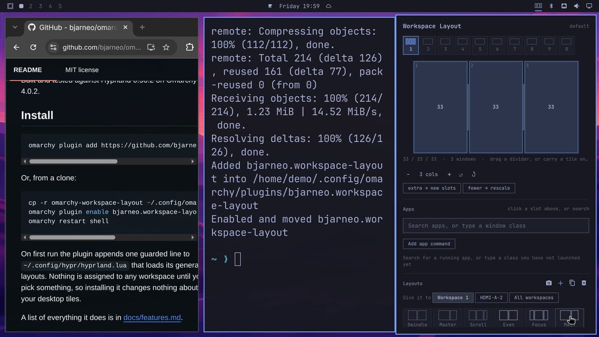 A browser and a terminal in even columns beside the Workspace Layout panel, which covers the third window, with the canvas showing the split 33, 33, 33 and the first row of layouts, named Dwindle, Master, Scroll, Even, Focus, and Main