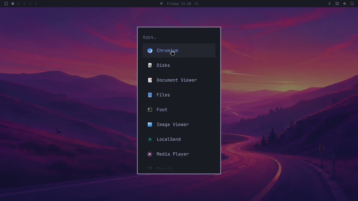 The Omarchy Apps list after the cleanup, starting with Chromium, Disks, Document Viewer, Files, Foot, Image Viewer, LocalSend, and Media Player