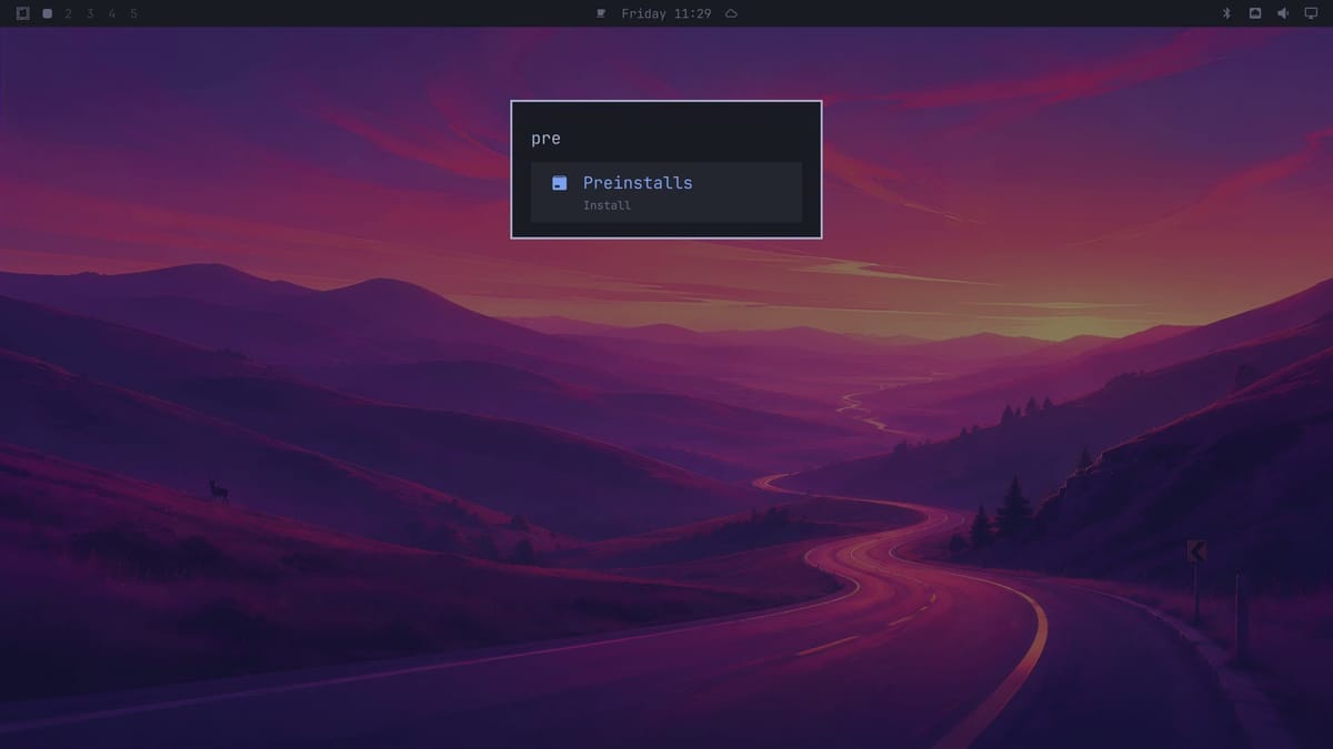 The Omarchy Install menu filtered by pre, with one result: Preinstalls, under Install