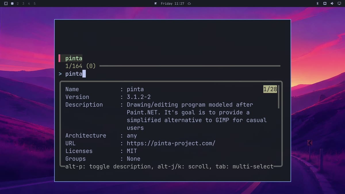 The Omarchy package removal terminal with pinta typed in and the package details below: Name pinta, Version 3.1.2-2, and its description as a drawing and editing program
