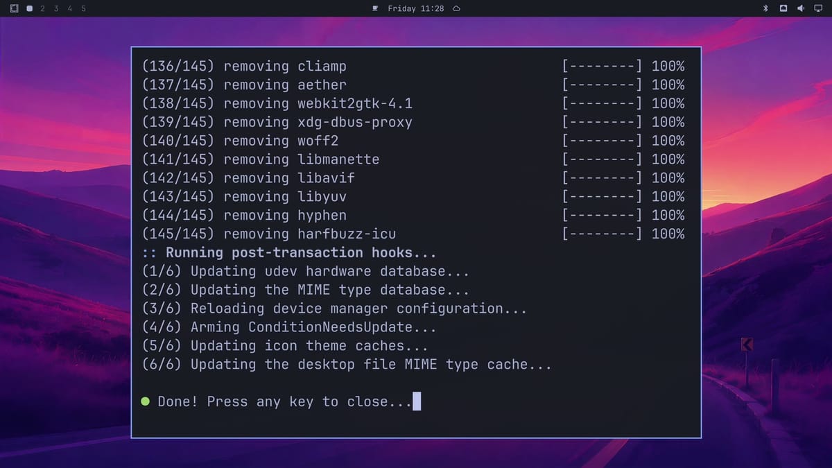 The end of the Remove Preinstalls output, showing 145 of 145 removing harfbuzz-icu, the post-transaction hooks, and Done, Press any key to close