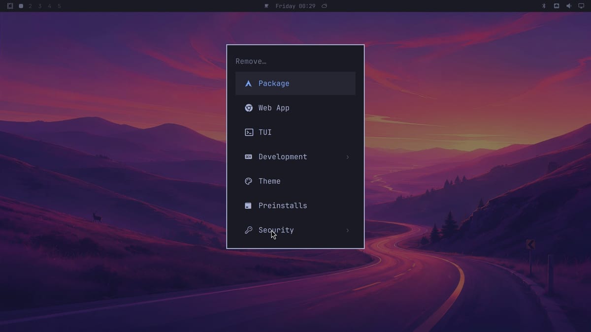 The Omarchy Remove menu with the rows Package, Web App, TUI, Development, Theme, Preinstalls, and Security