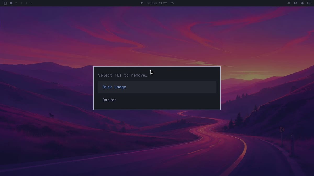 The Omarchy picker titled Select TUI to remove, with two rows: Disk Usage and Docker