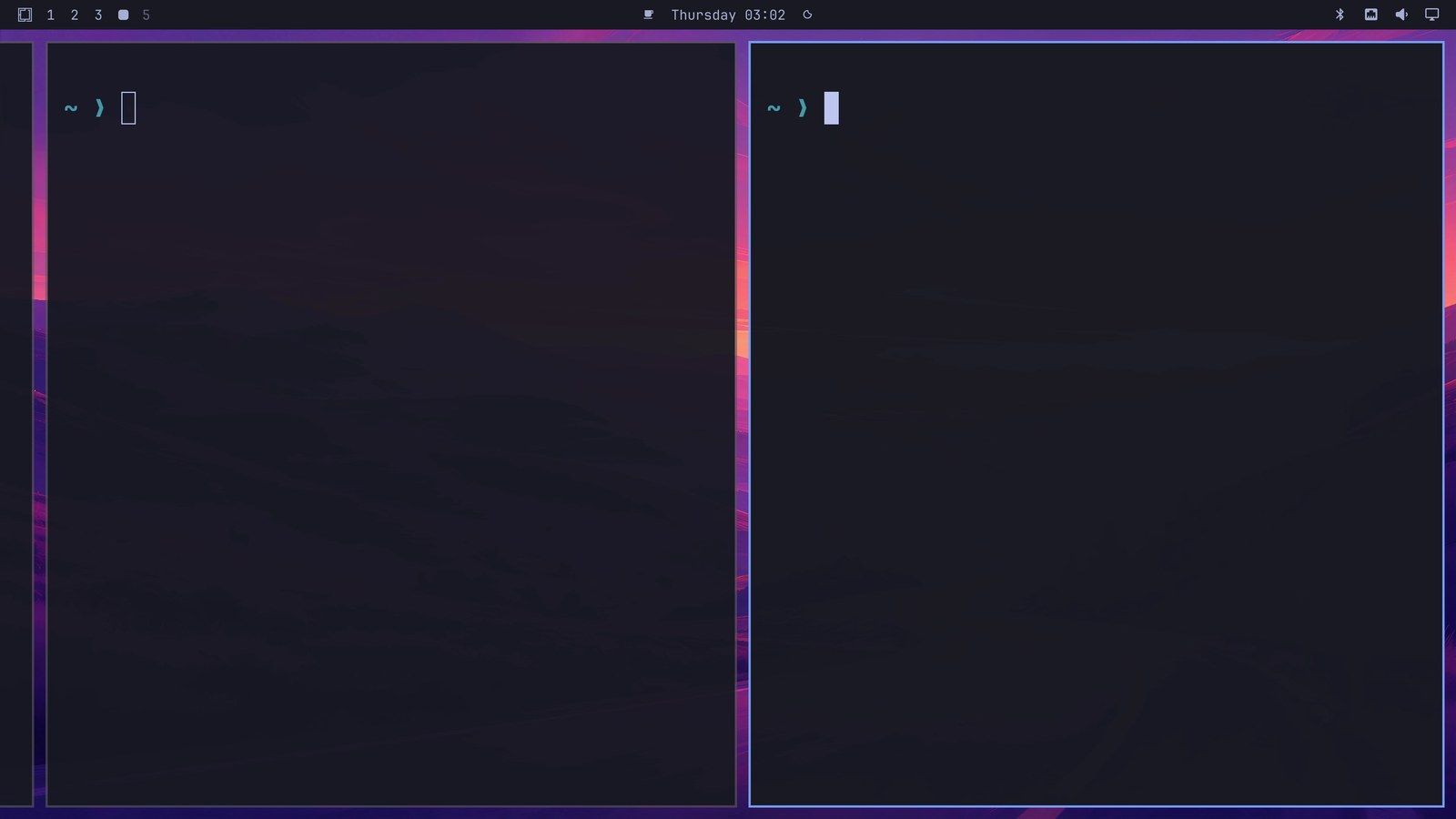 Workspace 4 after the change: two terminals as half-width columns, with the edge of a third terminal at the far left