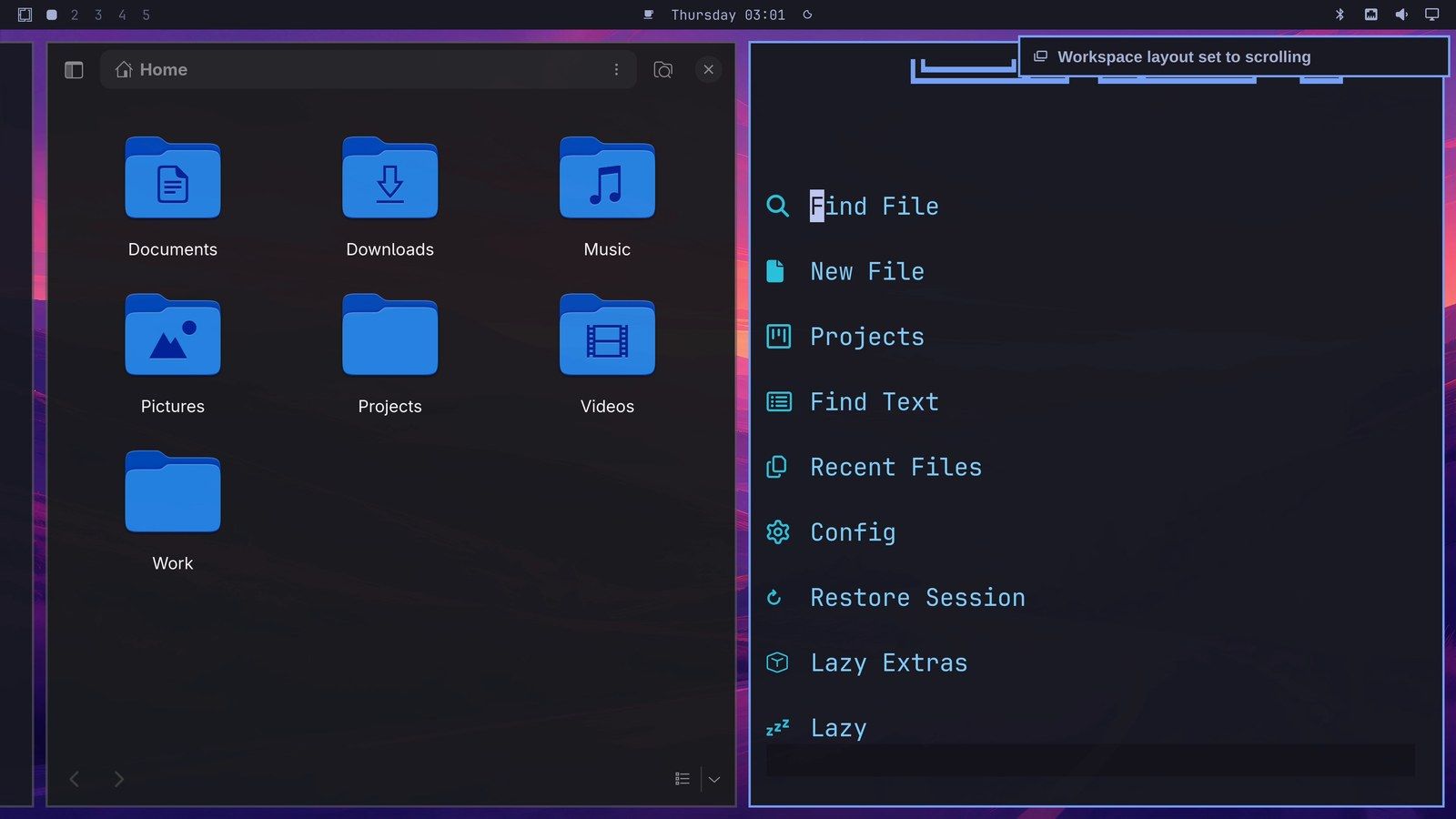 The same workspace after Super L: the file manager and the editor side by side as two columns, the edge of the terminal at the far left, and a notice reading Workspace layout set to scrolling