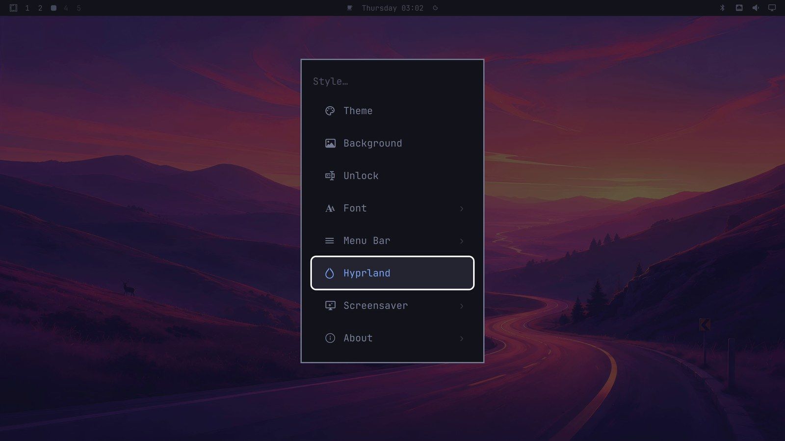 The Style list of the Omarchy menu with eight rows, Theme, Background, Unlock, Font, Menu Bar, Hyprland, Screensaver, and About, with Hyprland highlighted