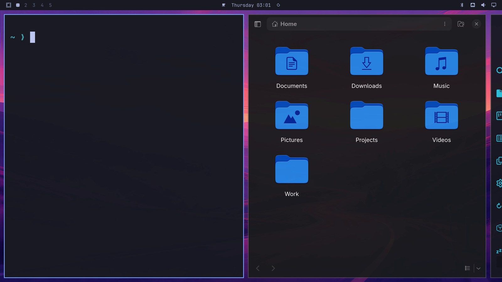 The strip scrolled back to the left: the terminal and the file manager on screen as two columns, with the editor just past the right edge