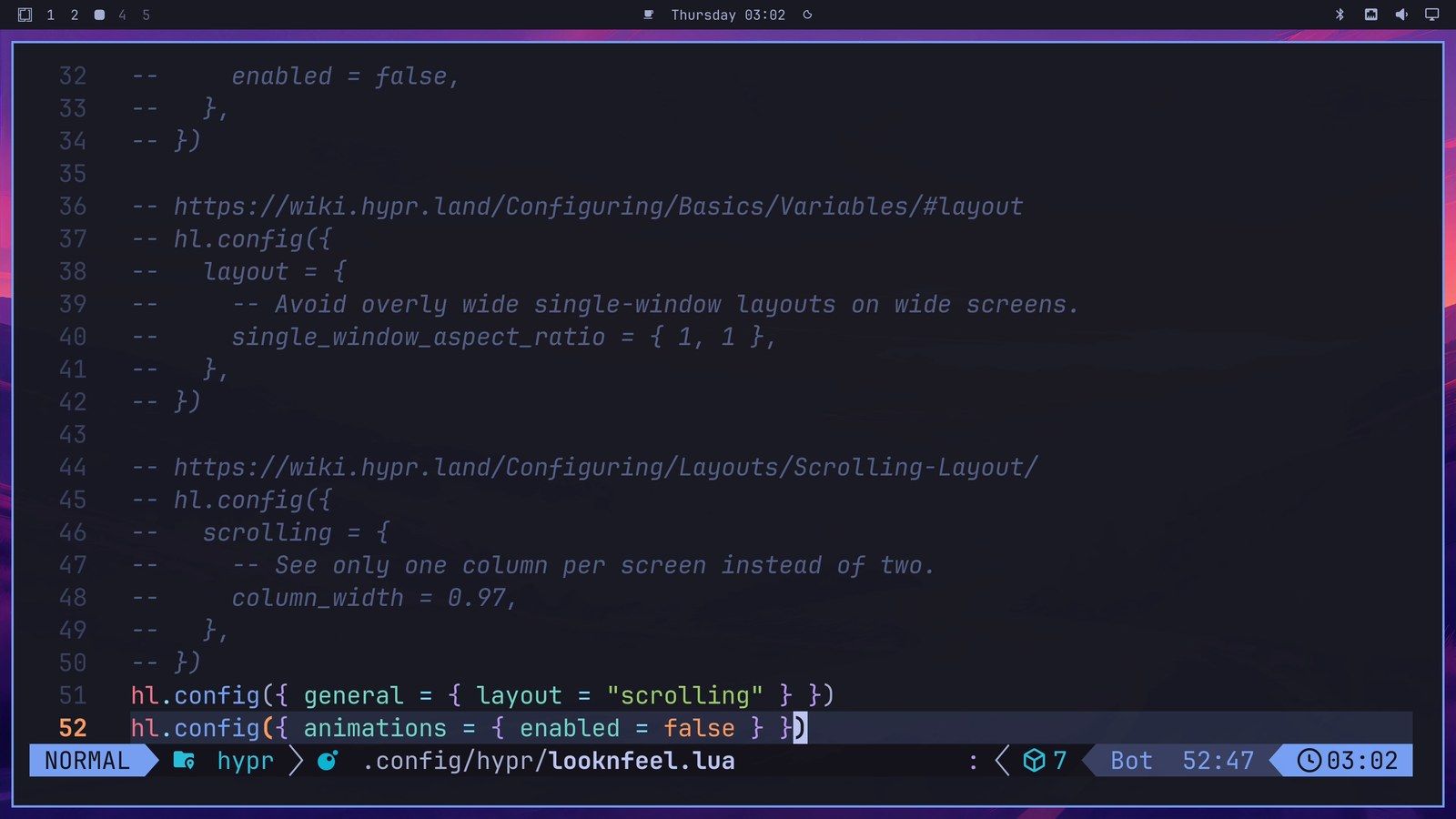 Neovim with looknfeel.lua open in normal mode, showing commented examples above two new lines at the end of the file, lines 51 and 52, hl.config general layout scrolling and hl.config animations enabled false