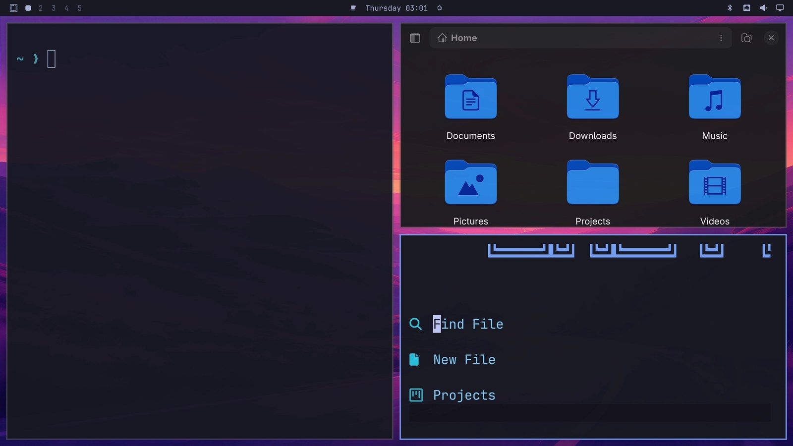 Omarchy's usual tiling layout with three windows: a terminal on the left half, and the file manager and the Neovim editor sharing the right half, one above the other