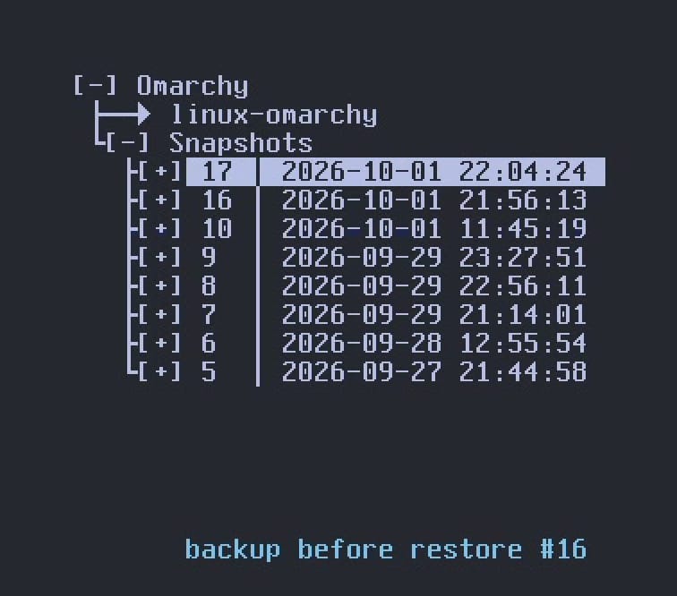 The Snapshots list in the Limine menu after the restore, with a new top row highlighted and backup before restore #16 shown at the bottom