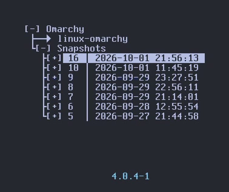 The Limine boot menu with the Snapshots folder open, a list of numbered snapshots with dates, the newest one highlighted, and 4.0.4-1 shown at the bottom