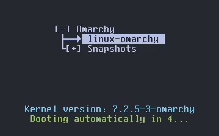 The Limine boot menu with linux-omarchy highlighted above a closed Snapshots folder, the kernel version line, and Booting automatically in 4 at the bottom