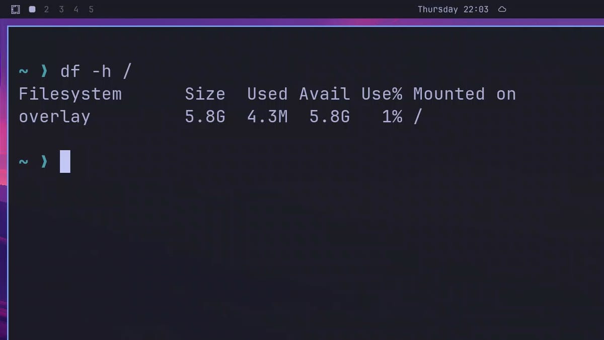 The output of df -h / in a booted snapshot, with overlay as the filesystem mounted on /