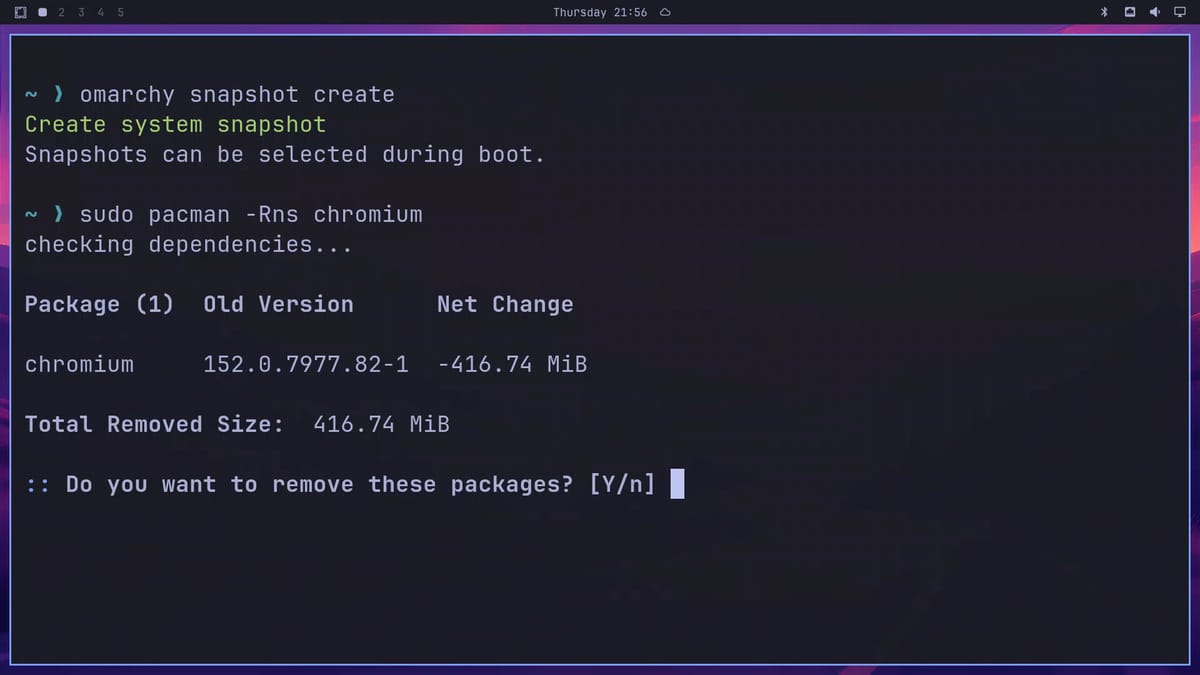 Pacman asking Do you want to remove these packages, with chromium 152.0.7977.82-1 and a total removed size of 416.74 MiB