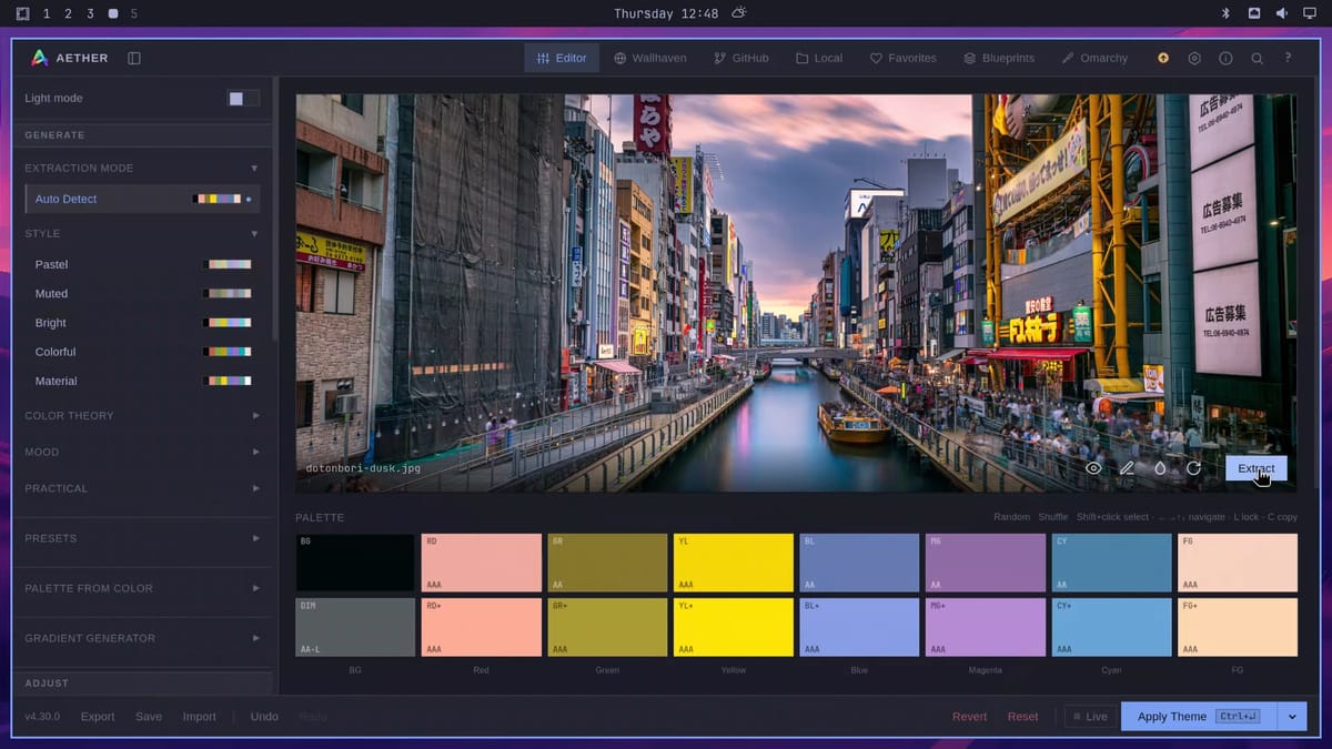 Aether's editor with the Dotonbori dusk photo loaded and the sixteen Auto Detect colors in the palette under it, with the Extract button at the bottom right of the photo