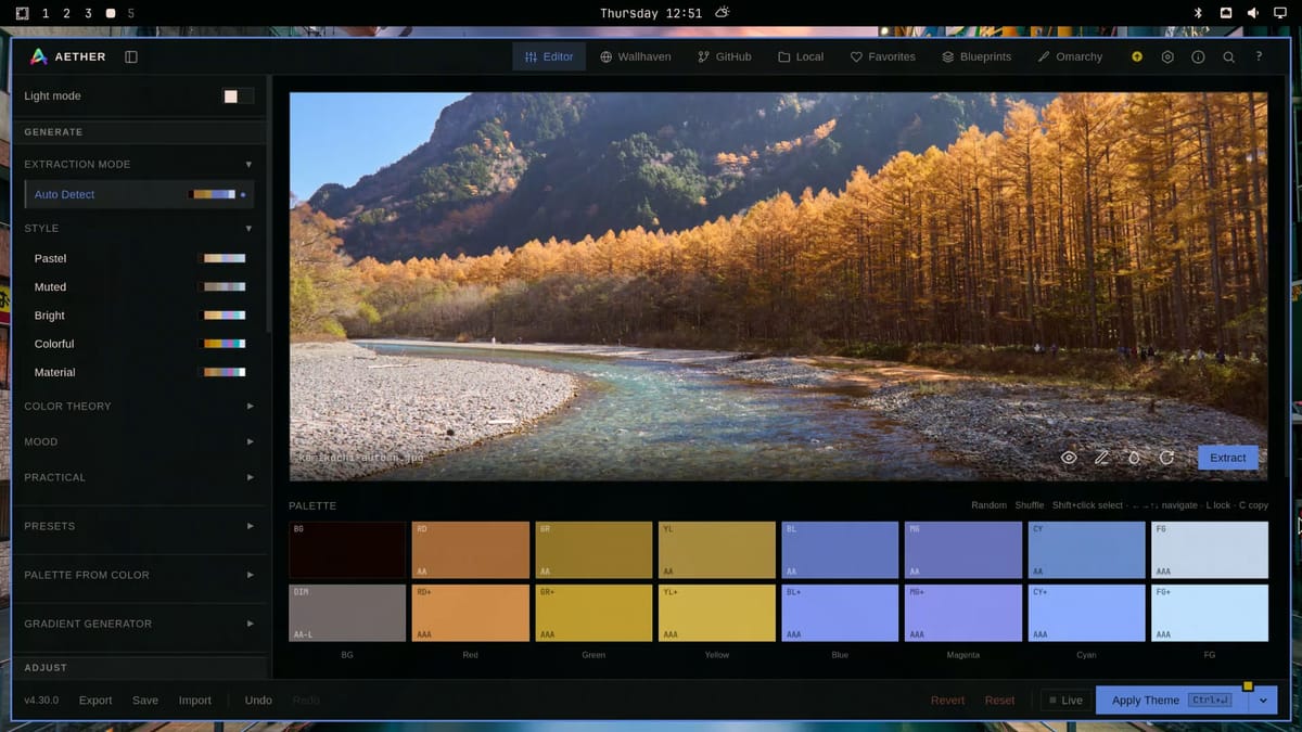Aether with the Kamikochi autumn photo and the Auto Detect palette, where the red, green, and yellow swatches are three similar browns
