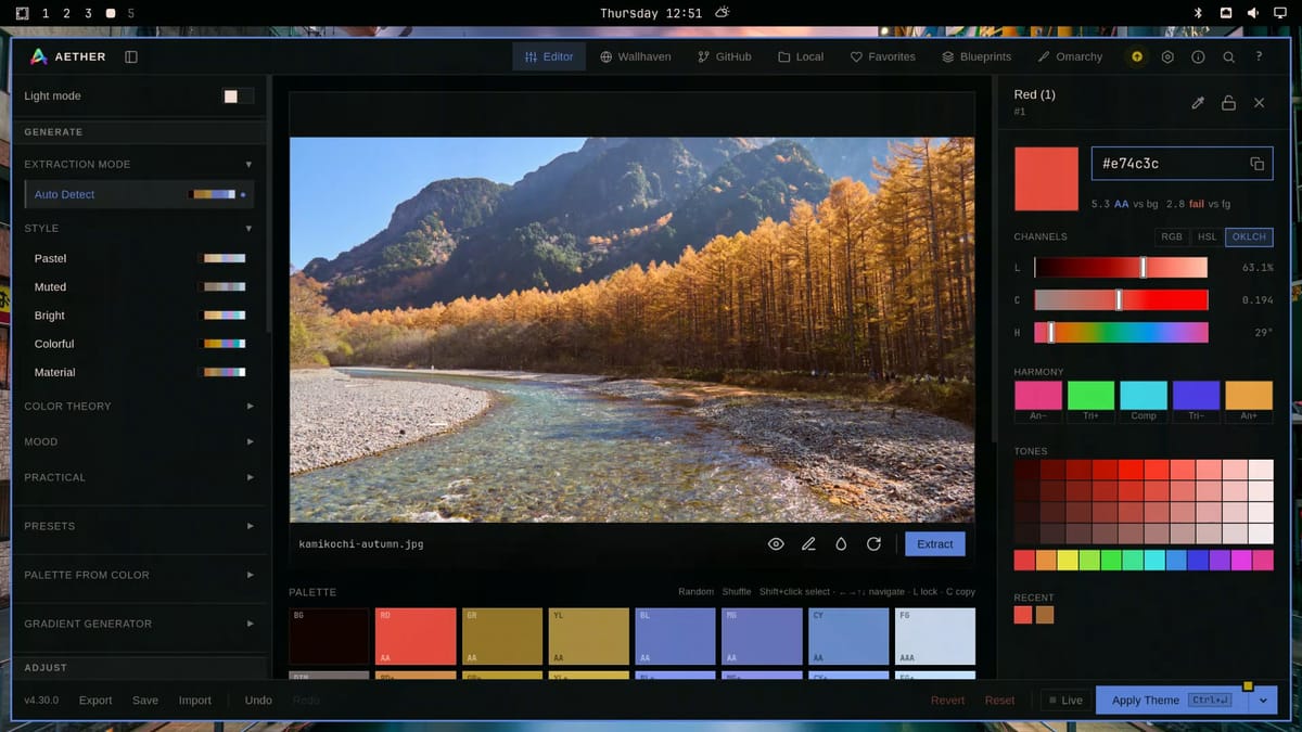 Aether's color panel for Red with the hex field set to #e74c3c and the readout 5.3 AA vs bg, 2.8 fail vs fg, while the palette below shows the new red swatch