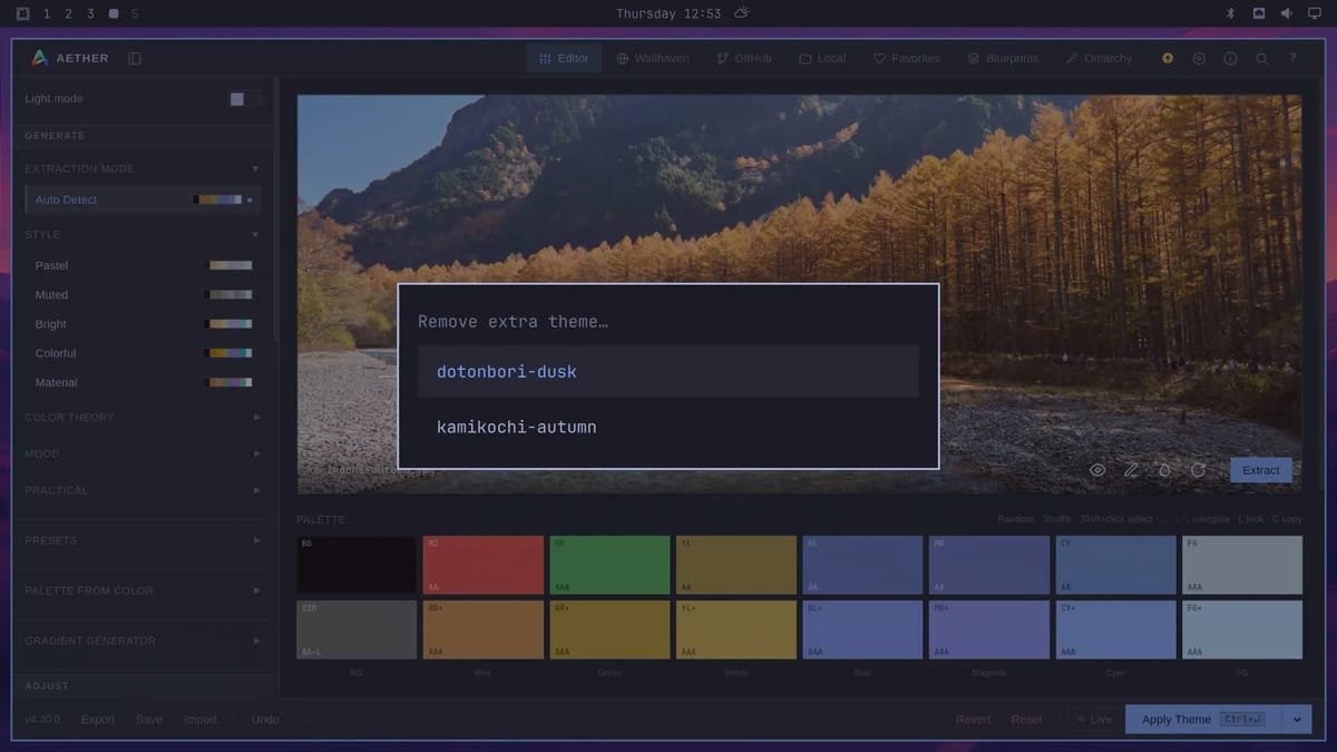 Omarchy's Remove extra theme list over Aether, listing dotonbori-dusk and kamikochi-autumn