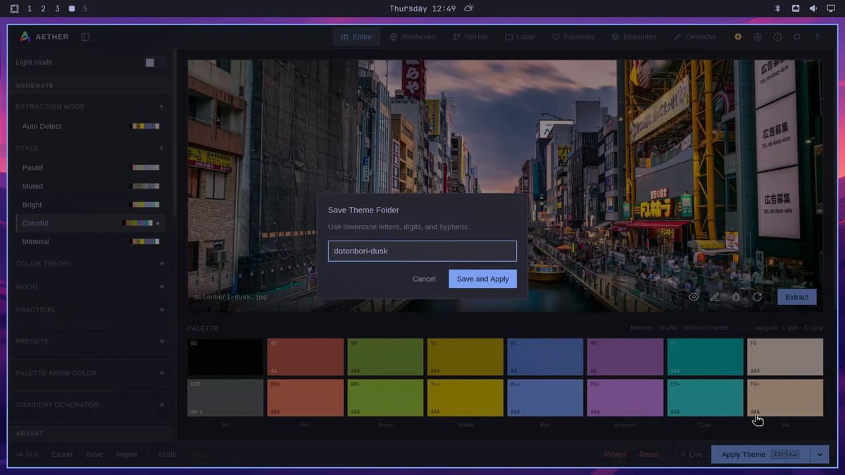 Aether's Save Theme Folder dialog with the name dotonbori-dusk filled in, the hint Use lowercase letters, digits, and hyphens, and the Cancel and Save and Apply buttons