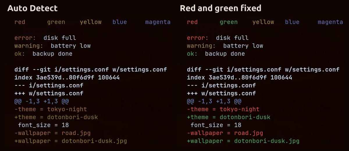 The same terminal output side by side: on the left the Auto Detect Kamikochi colors, where error, warning, and ok are all brown; on the right after the fix, with a red error line, a green ok line, and a red and green diff