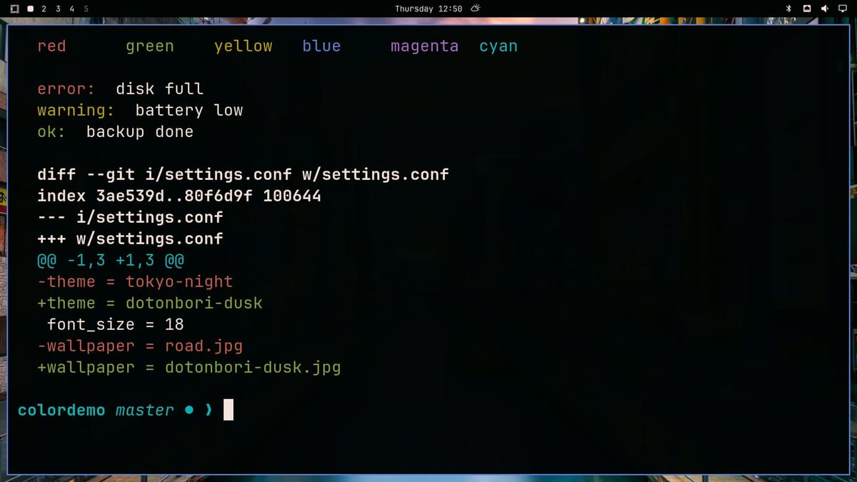 A terminal in the Dotonbori theme: the six color names, an error line in red, a warning line in yellow, an ok line in green, and a git diff with red removed lines and green added lines