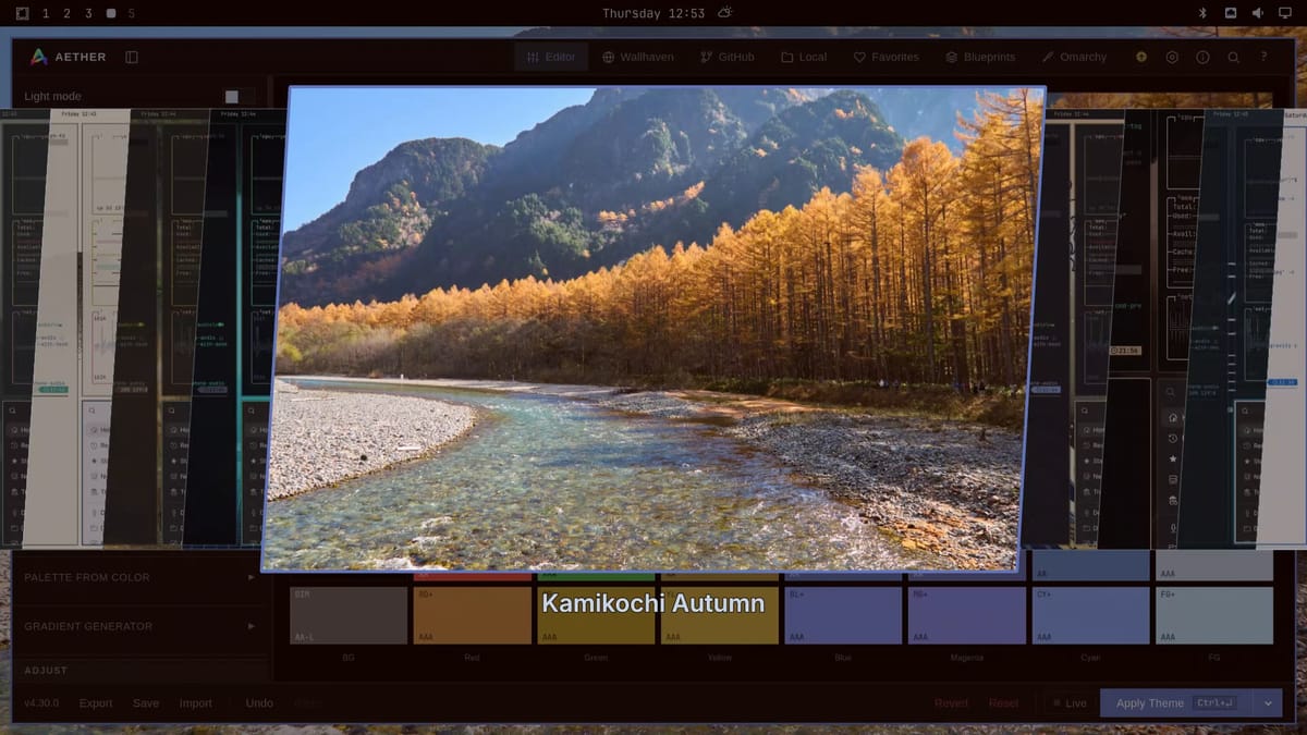 Omarchy's theme switcher centered on the Kamikochi Autumn card, which shows the autumn photo, with stock theme cards showing desktop screenshots on both sides