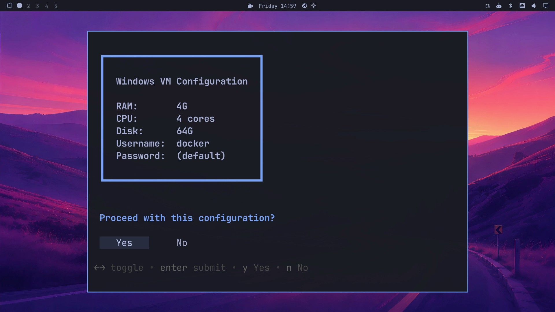 The Windows VM Configuration summary with RAM 4G, CPU 4 cores, Disk 64G, Username docker, Password default, and Proceed with this configuration with Yes selected