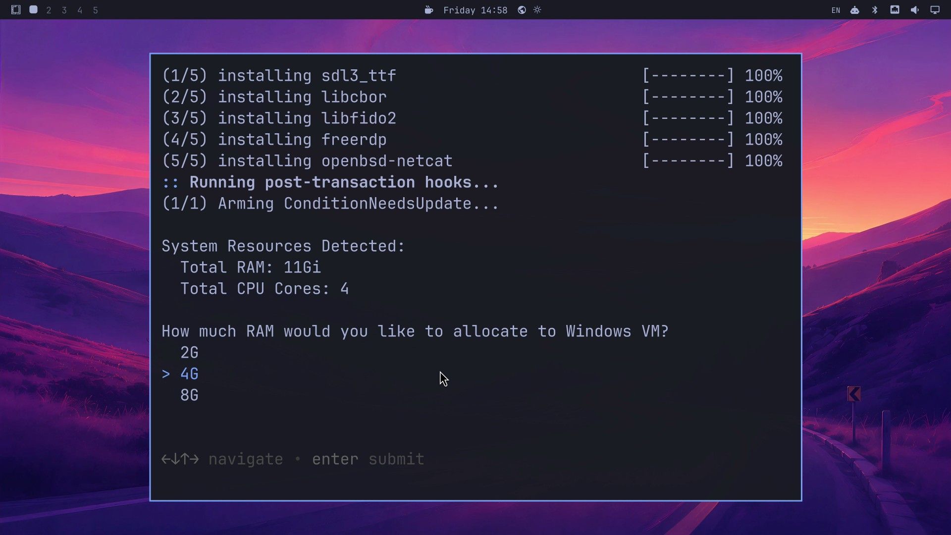The Omarchy installer terminal after installing five packages, showing Total RAM 11Gi and Total CPU Cores 4, and the question How much RAM would you like to allocate to Windows VM with 4G selected between 2G and 8G