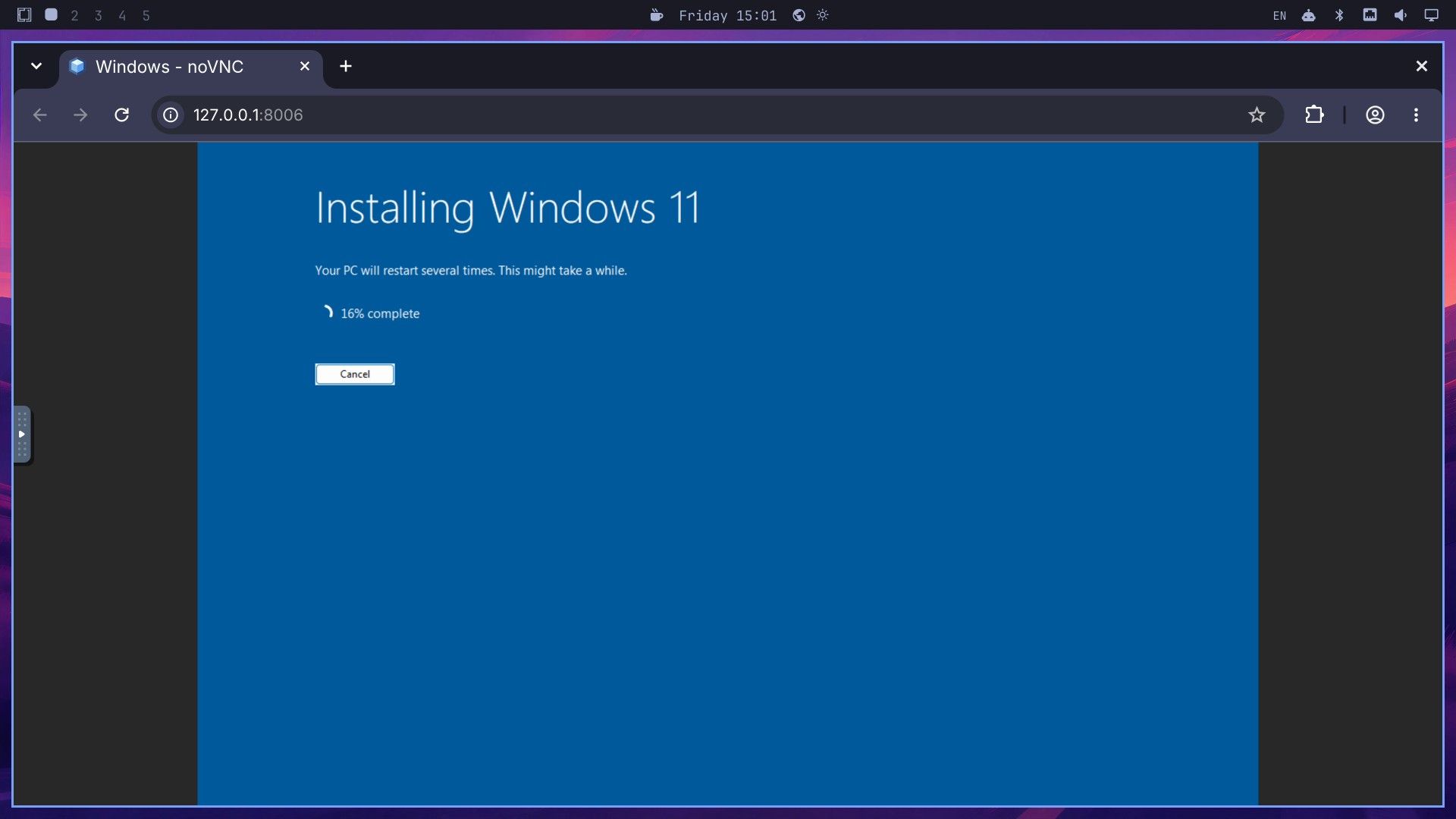 Chromium on the Omarchy desktop at 127.0.0.1:8006 in a tab named Windows noVNC, showing the blue Installing Windows 11 screen at 16% complete with a Cancel button