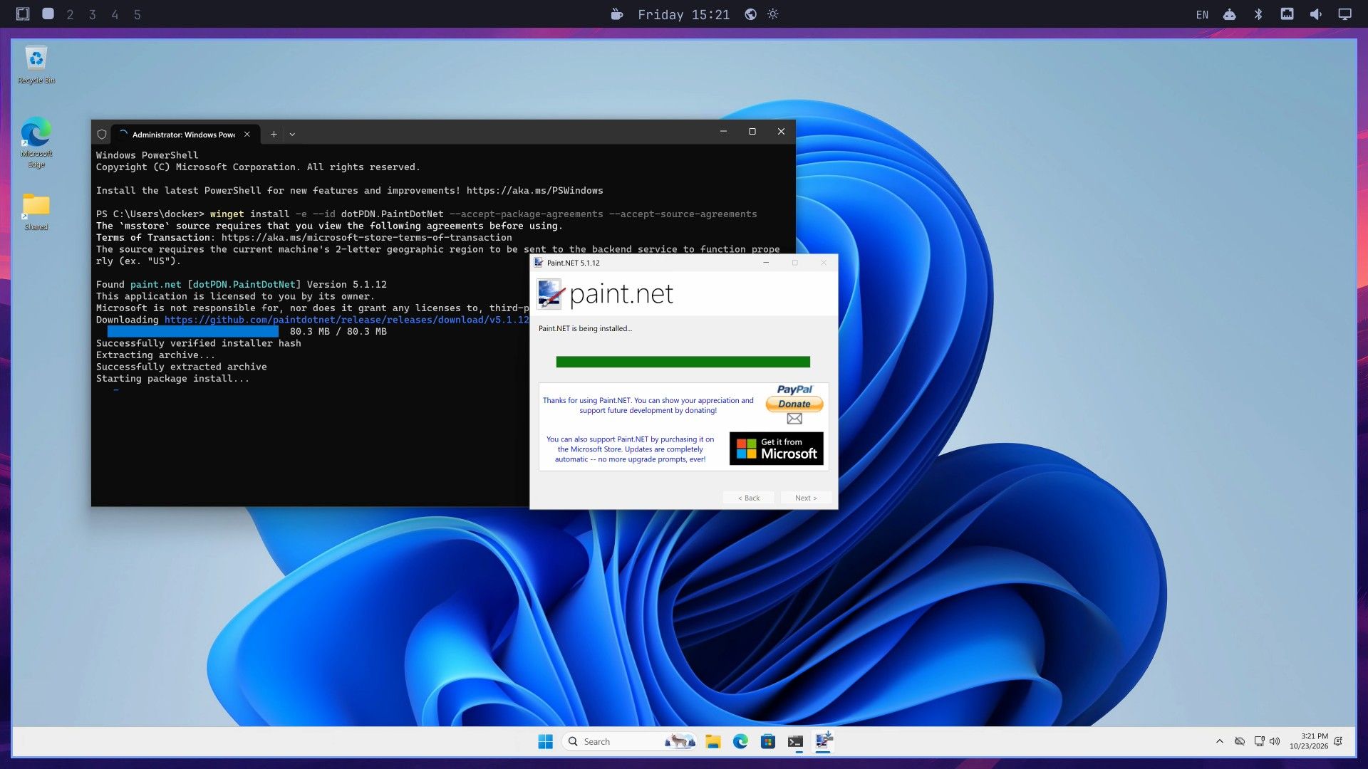 An Administrator Windows PowerShell window running winget install -e --id dotPDN.PaintDotNet, showing Found paint.net version 5.1.12 and the download finished, with the Paint.NET installer window showing a full green progress bar