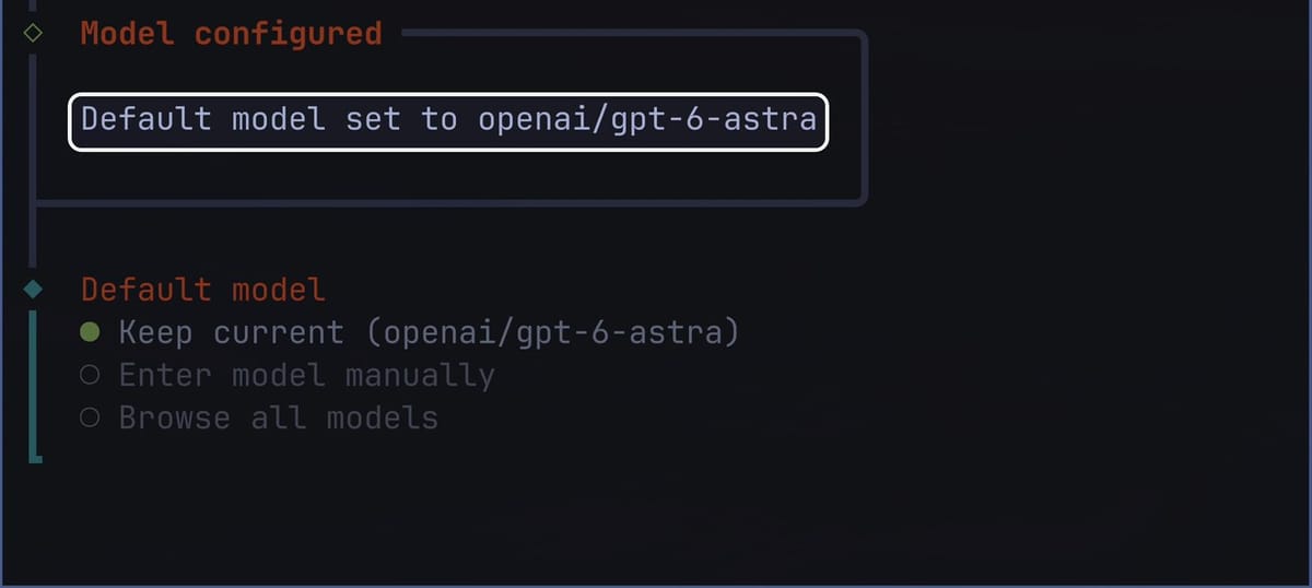 The wizard's Model configured box confirming the default OpenAI model, and the Default model step with Keep current selected above Enter model manually and Browse all models