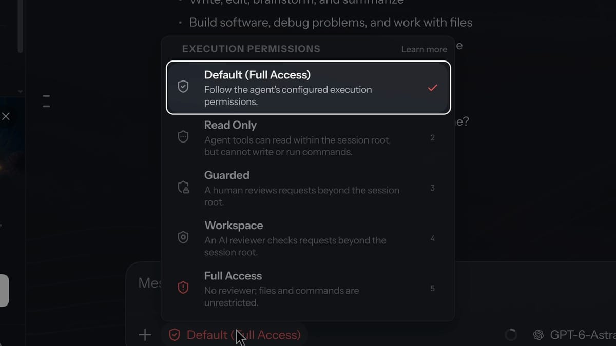 The Execution Permissions menu with Default (Full Access) checked, followed by Read Only, Guarded, Workspace, and Full Access, each with a one-line description
