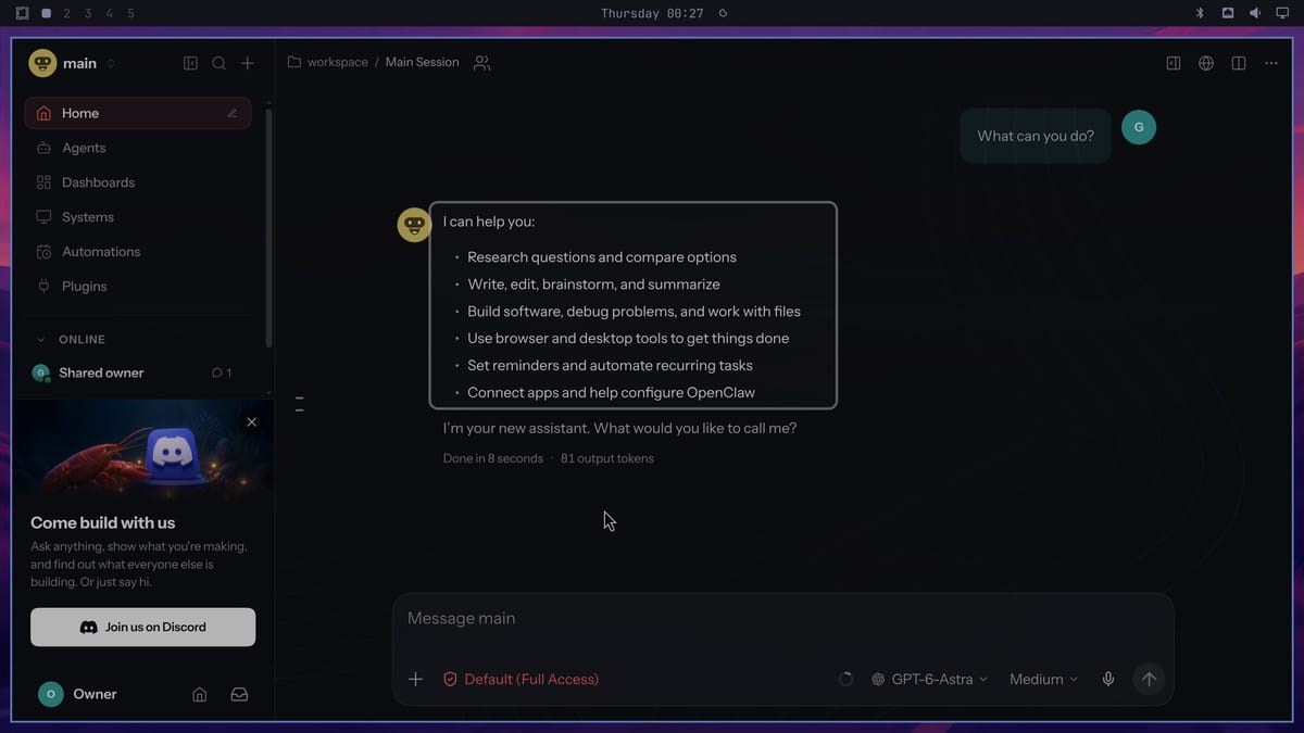The OpenClaw app with the prompt What can you do? and the agent's reply listing research, writing, software, browser and desktop tools, reminders, and connecting apps, marked Done in 8 seconds, with Default (Full Access) in red below the message box