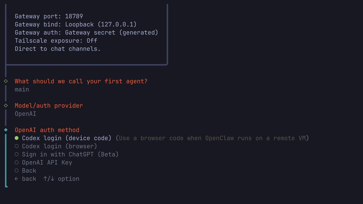 The OpenAI auth method step with Codex login (device code) selected, described as Use a browser code when OpenClaw runs on a remote VM, above Codex login (browser), Sign in with ChatGPT (Beta), OpenAI API Key, and Back