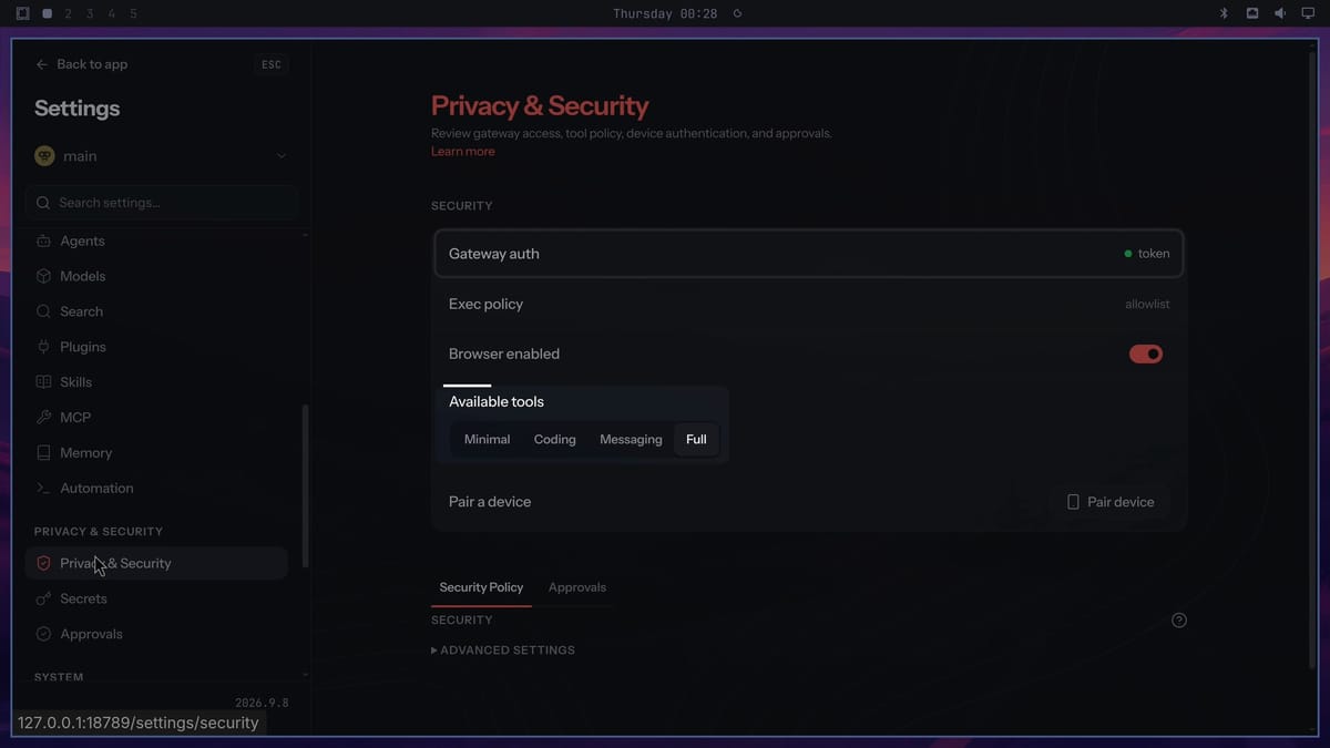 The Privacy and Security settings page with Gateway auth token, Exec policy allowlist, Browser enabled switched on, Available tools set to Full among Minimal, Coding, Messaging, and Full, and Pair a device