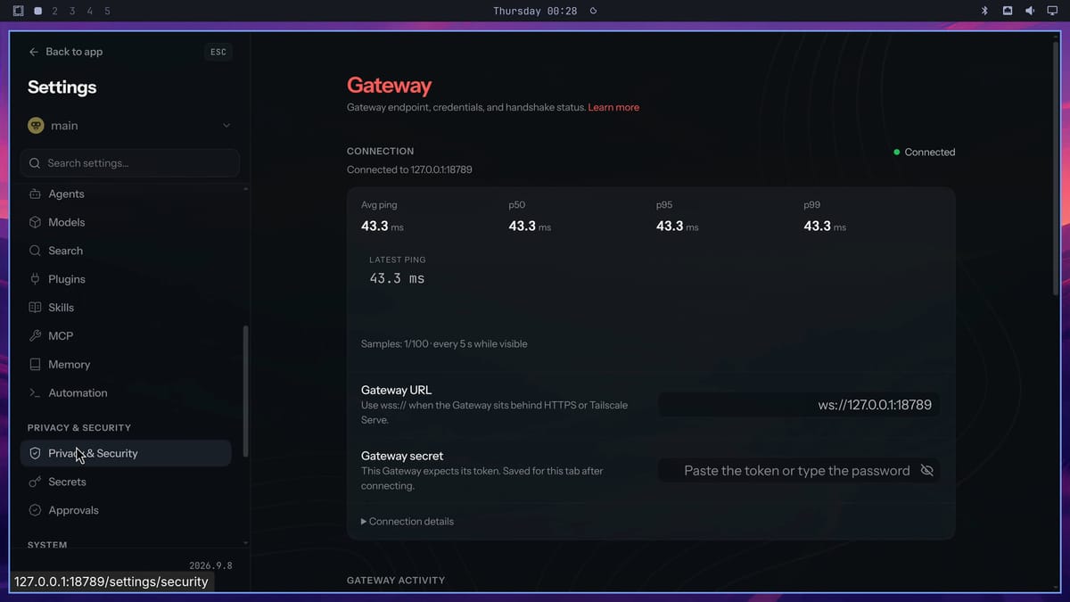 OpenClaw's Gateway settings page reading Connected to 127.0.0.1:18789, with average ping, p50, p95, and p99 of 43.3 ms, the Gateway URL ws://127.0.0.1:18789, and an empty Gateway secret field, next to the Settings sidebar