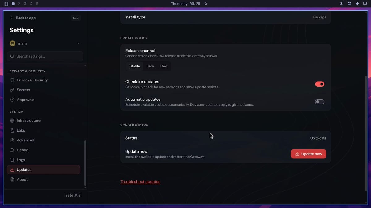 The Updates settings page with Install type Package, Release channel Stable, Check for updates on, Automatic updates off, Status Up to date, and an Update now button