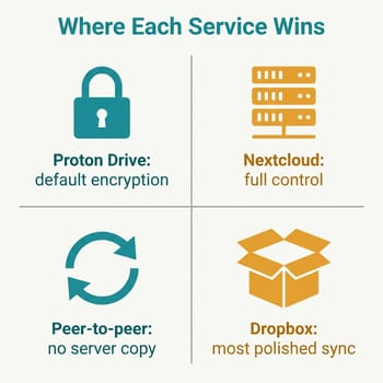 A four-quadrant chart titled Where Each Service Wins: Proton Drive for default encryption, Nextcloud for full control, peer-to-peer for no server copy, and Dropbox for the most polished sync