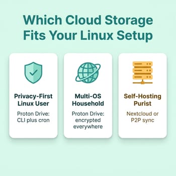 A three-card chart titled Which Cloud Storage Fits Your Linux Setup: privacy-first Linux user picks Proton Drive with the CLI and cron, multi-OS household picks Proton Drive encrypted everywhere, self-hosting purist picks Nextcloud or peer-to-peer sync