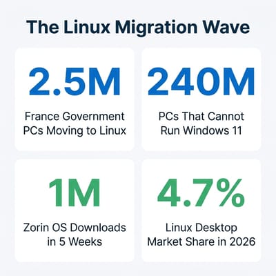 Infographic showing the global Linux migration wave: France 2.5M government PCs moving to Linux, 240M PCs that cannot run Windows 11, 1M Zorin OS downloads in 5 weeks, and 4.7% Linux desktop market share in 2026