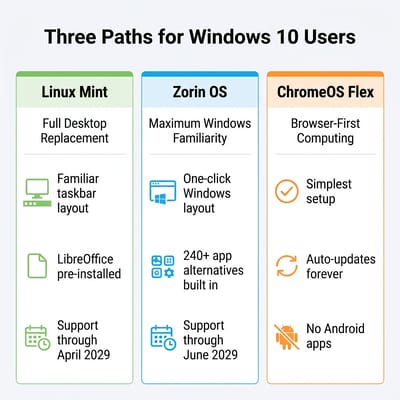 Infographic showing three paths for Windows 10 users: Linux Mint for a full desktop replacement, Zorin OS for maximum Windows familiarity, and ChromeOS Flex for browser-first computing with no Android app support